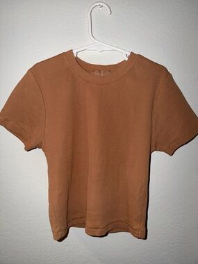 nuuds Ribbed Cotton Crewneck Crop Top - Camel Brown Size S
